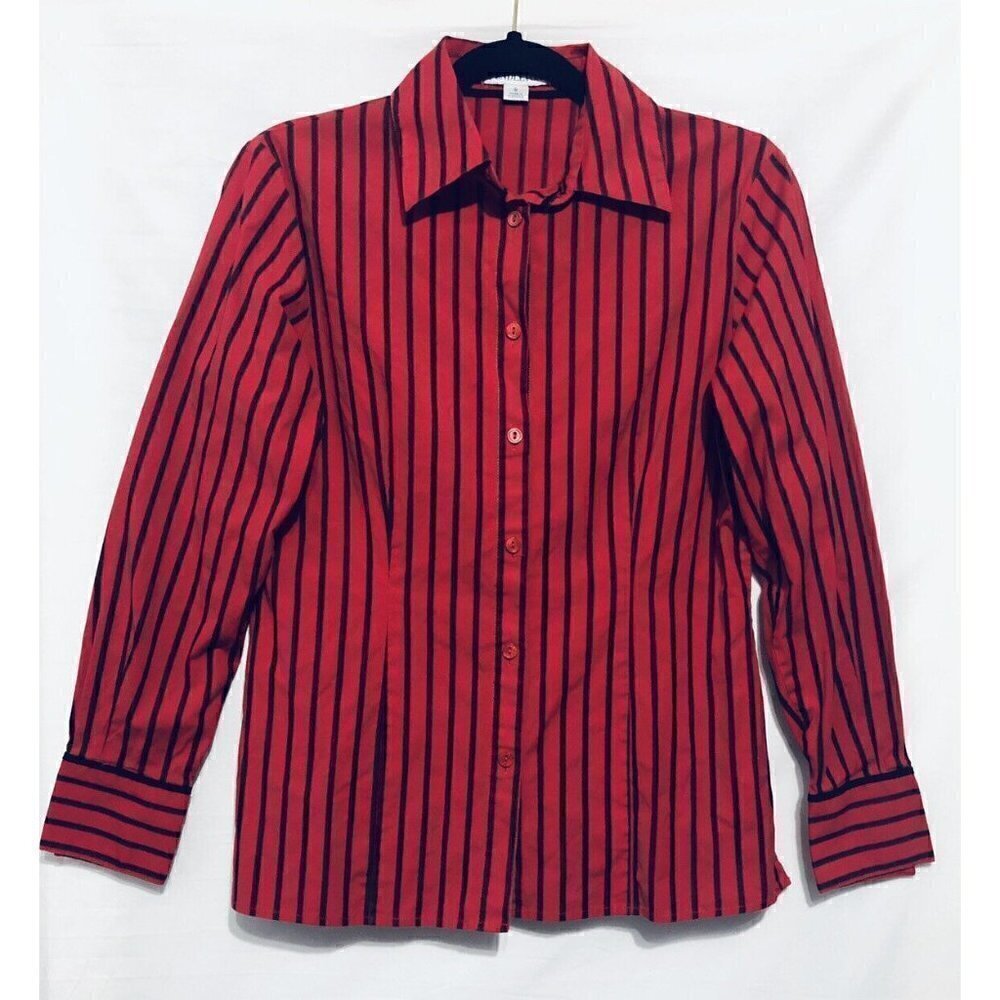 Pendleton Womens Size 8 Red Black Striped Button Up Blouse Long Sleeve